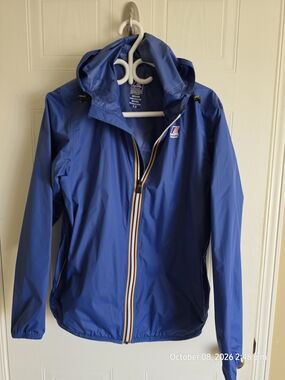 K-Way Blue Hooded Packable Raincoat with Striped Zip Trim